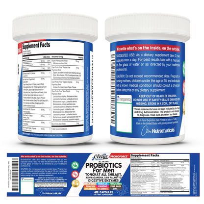 Clean Nutra Probiotics for Men | Tongkat Ali, Saw Palmetto, Tribulus, Ginseng, Ashwagandha, Maca, Pumpkin, Gingko Biloba, Pine Bark, Fenugreek, Shilajit, Zinc - Mens Probiotic 60 Capsules Clean NutraceuticalsBuy Supplements Australia