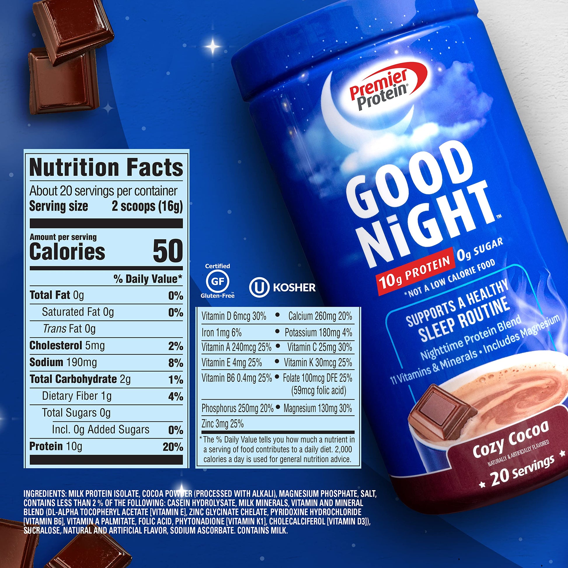 Premier Protein Good Night Protein Powder, Hot Cocoa Mix, 10g Protein, 0g Sugar Premier ProteinBuy Supplements Australia