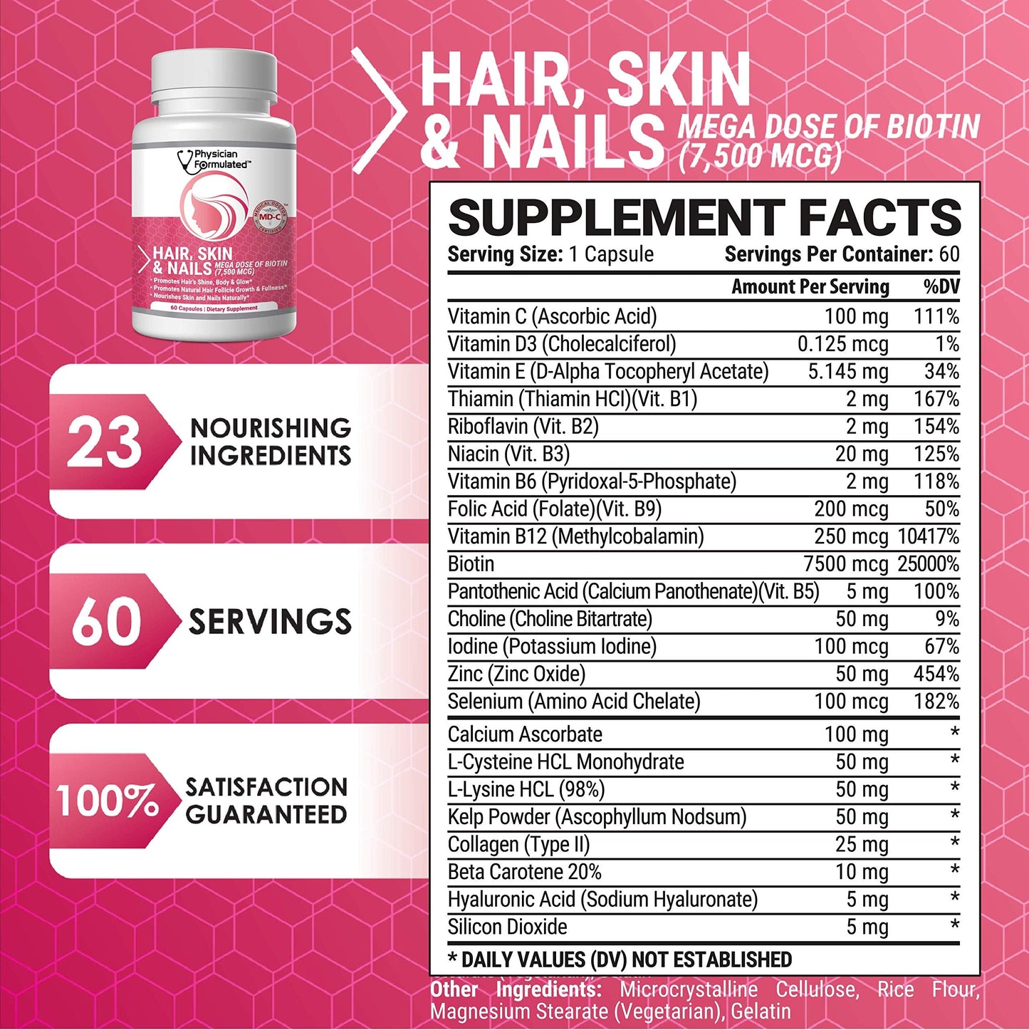 Physician Formulated Healthy Hair Skin and Nails Vitamins for Men and Women - 7500 mcg Biotin, Amino Acids, Collagen and Hyaluronic Acid - 60 Capsules Physician FormulatedBuy Supplements Australia