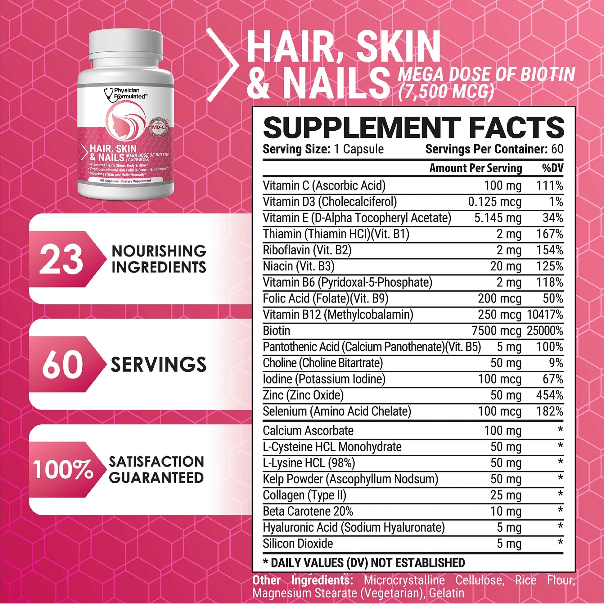 Physician Formulated Healthy Hair Skin and Nails Vitamins for Men and Women - 7500 mcg Biotin, Amino Acids, Collagen and Hyaluronic Acid - 60 Capsules Physician FormulatedBuy Supplements Australia