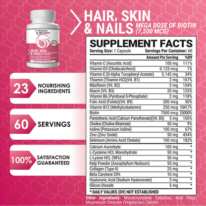 Physician Formulated Healthy Hair Skin and Nails Vitamins for Men and Women - 7500 mcg Biotin, Amino Acids, Collagen and Hyaluronic Acid - 60 Capsules Physician FormulatedBuy Supplements Australia