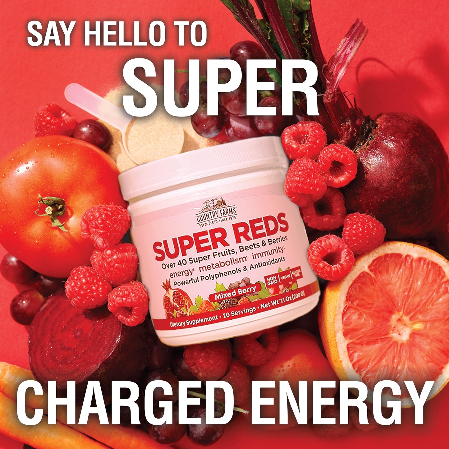 COUNTRY FARMS Super Reds, Energizing Polyphenol Superfood, 48 Super Fruits and Berries, Powerful Antioxidants and Polyphenols, Supports Energy, 20 Servings, Mixed Berry Flavor Country FarmsBuy Supplements Australia