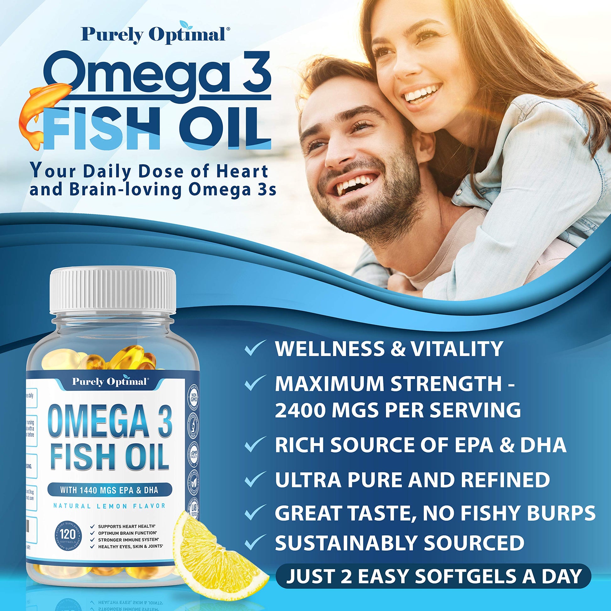 Premium Omega 3 Fish Oil Supplement 2400mg - Burpless Fish Oil Omega3 Softgels Purely OptimalBuy Supplements Australia