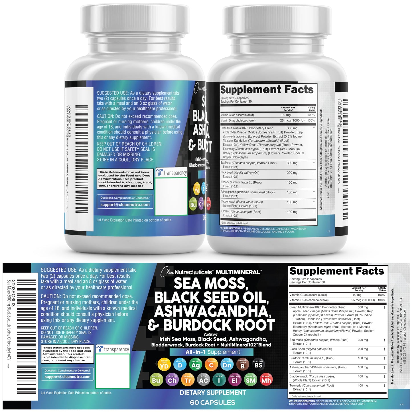 Clean Nutraceuticals Sea Moss Black Seed Oil Ashwagandha Turmeric Bladderwrack Burdock & Vitamin C Vitamin D3 with Elderberry