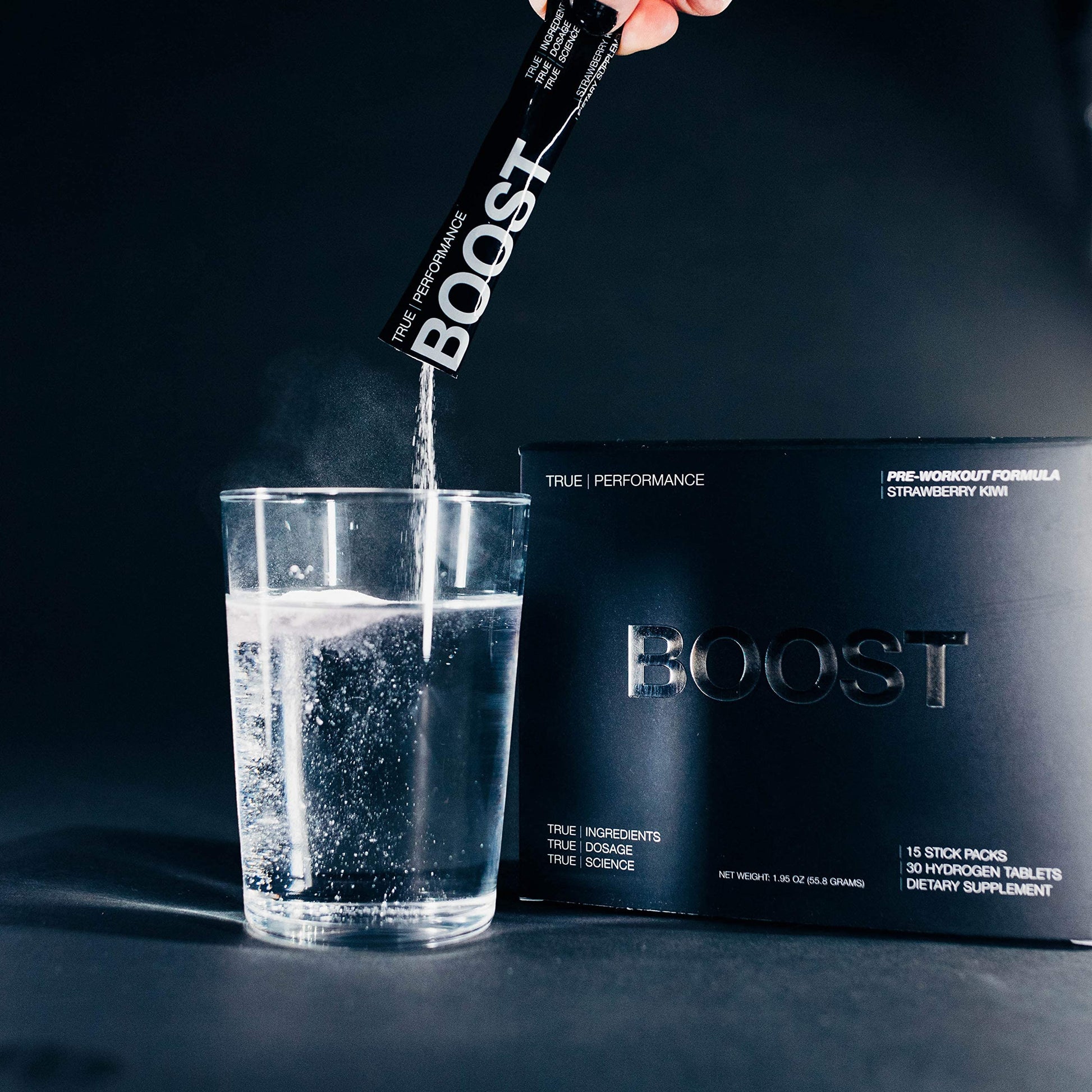 Pre Workout Mix & Nitric Oxide Booster, BOOST - Intense Performance, Energy, Endurance - Pre Workout Supplement with Caffeine, Hydrogen Tablets, Nitrosigine - 15 Servings