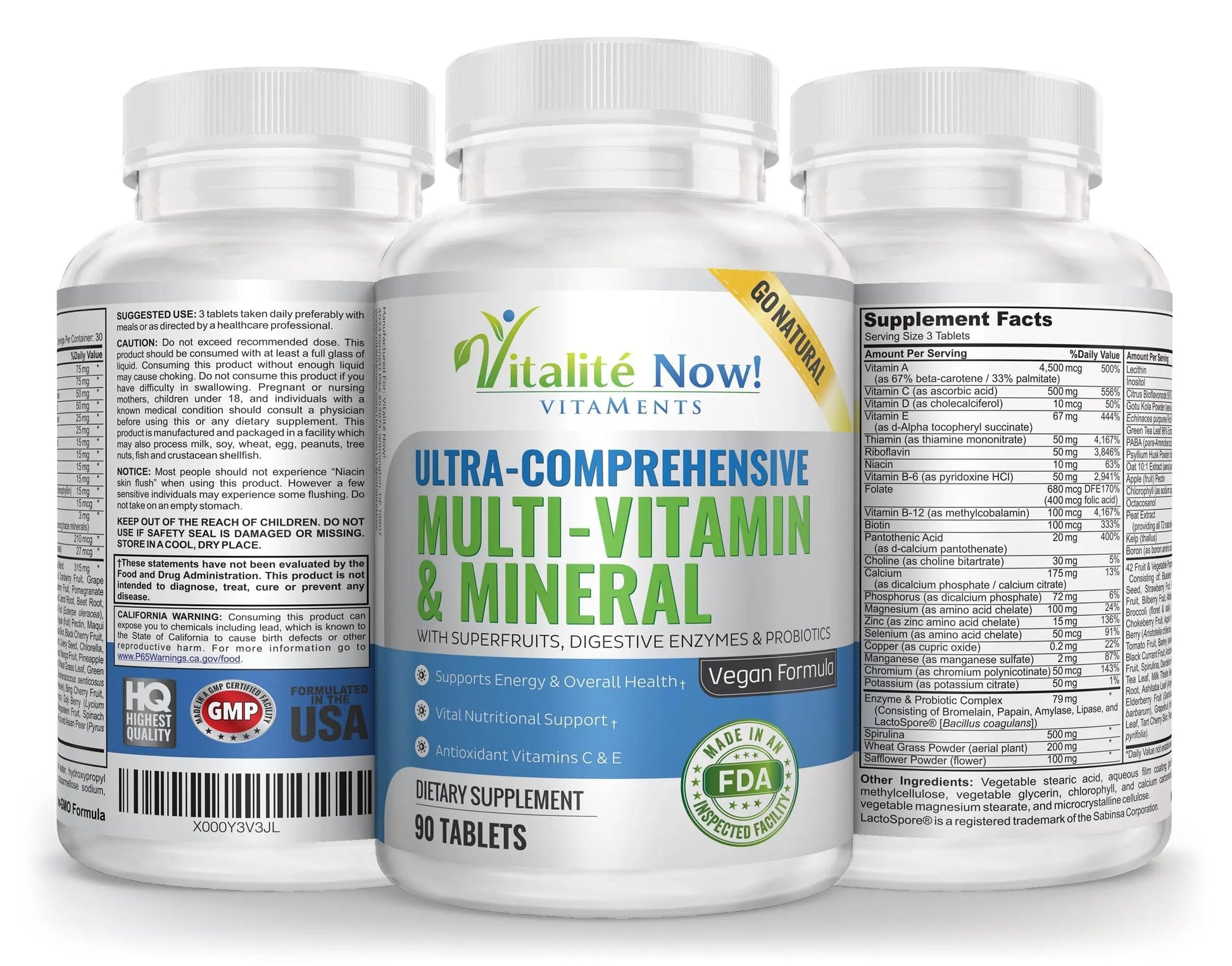 Vegan Whole Food Multivitamin & Mineral - Vitamins A B1 B2 B6 B12 C D3 E & 110 Super Foods, Herbs, Greens & Reds Vitalité Now!Buy Supplements Australia