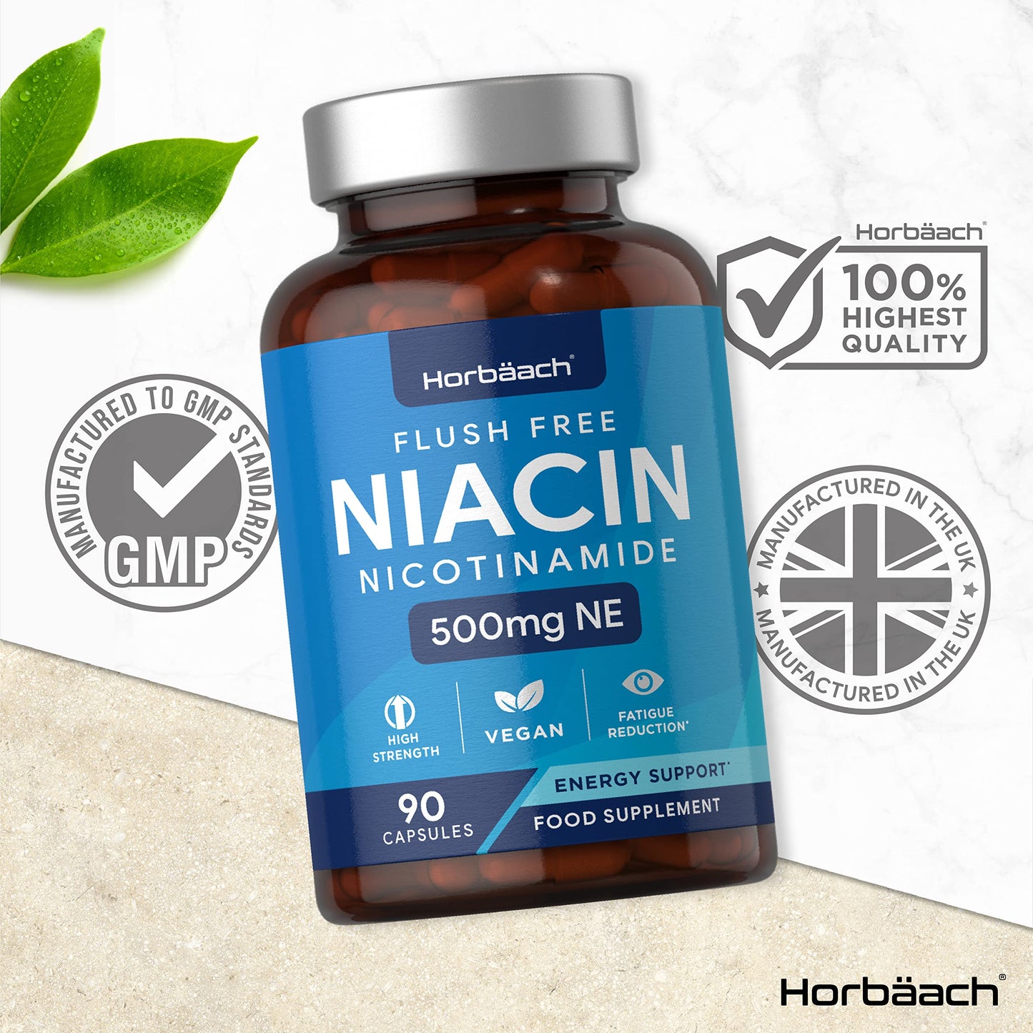 Vitamin B3 Niacin 500mg | 90 Vegan Capsules | Flush Free Nicotinamide Supplement HorbäachBuy Supplements Australia