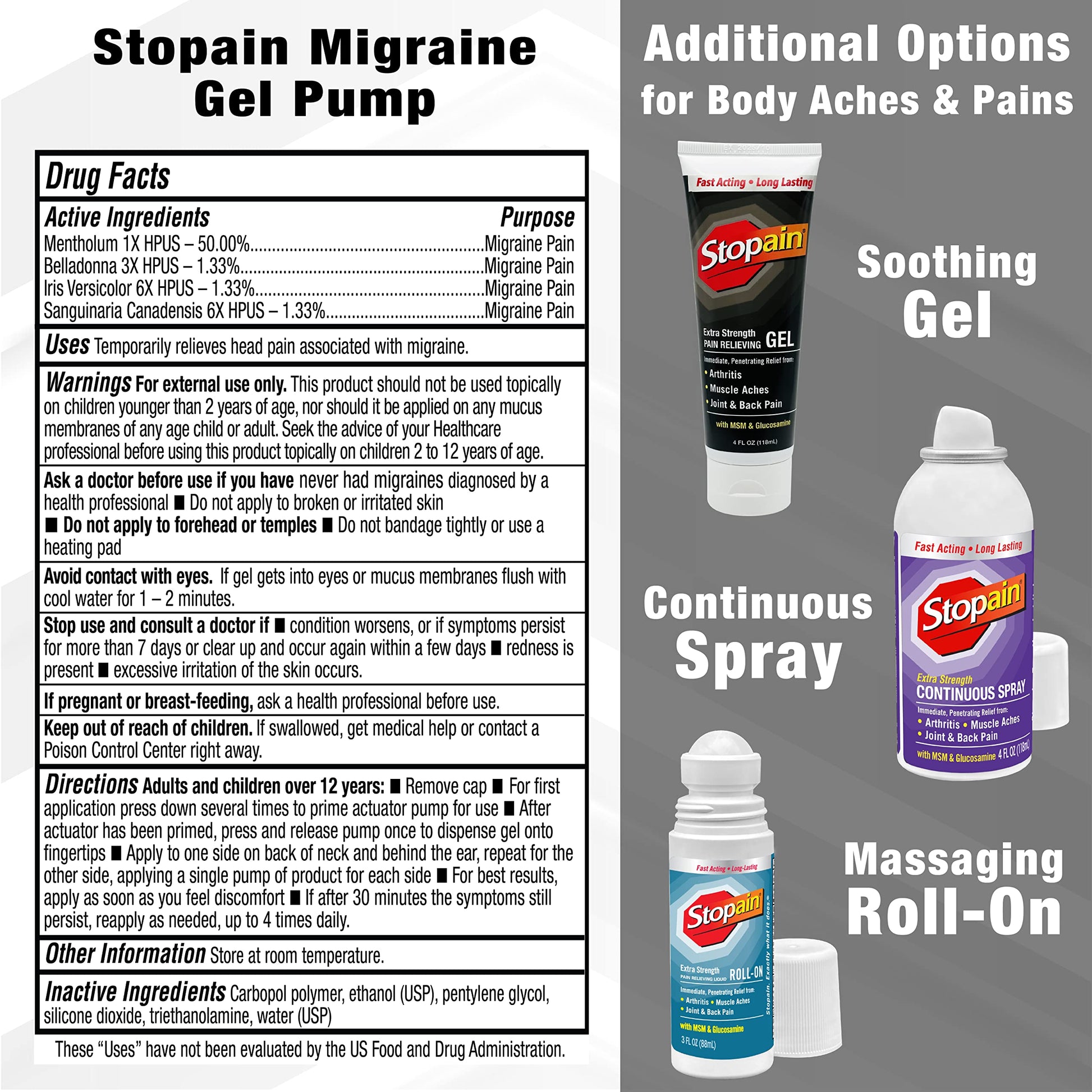 Stopain Migraine Pain Relief Gel Pump, 1.62oz (2 Pack), USA Made, Max Strength Fast Acting Research Proven Effective Topical, No Known Side Effects or Drug Interactions, HSA FSA Approved Products StopainBuy Supplements Australia