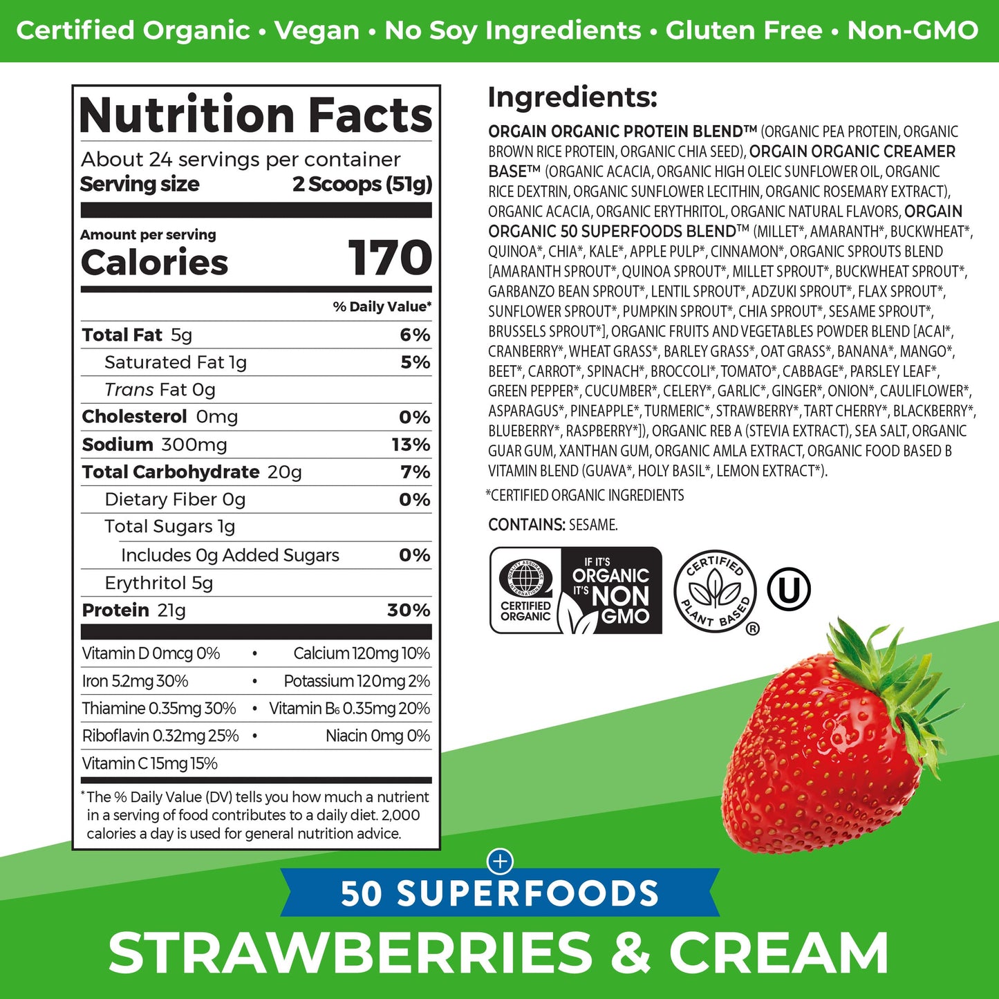 Orgain Organic Vegan Protein Powder + 50 Superfoods, Strawberries and Cream OrgainBuy Supplements Australia