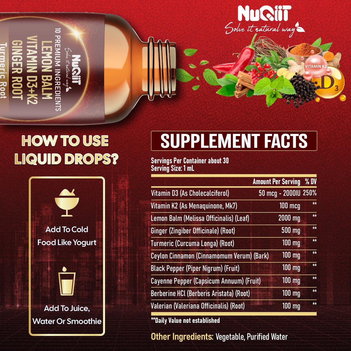 NUQIIT 10in1 Lemon Balm Tincture Blend Includes Vitamin D3, Vitamin K2, Lemon Balm, Ginger, Turmeric, Ceylon Cinnamon and More - 1 FL Oz - 60 Day Supply NUQIITBuy Supplements Australia