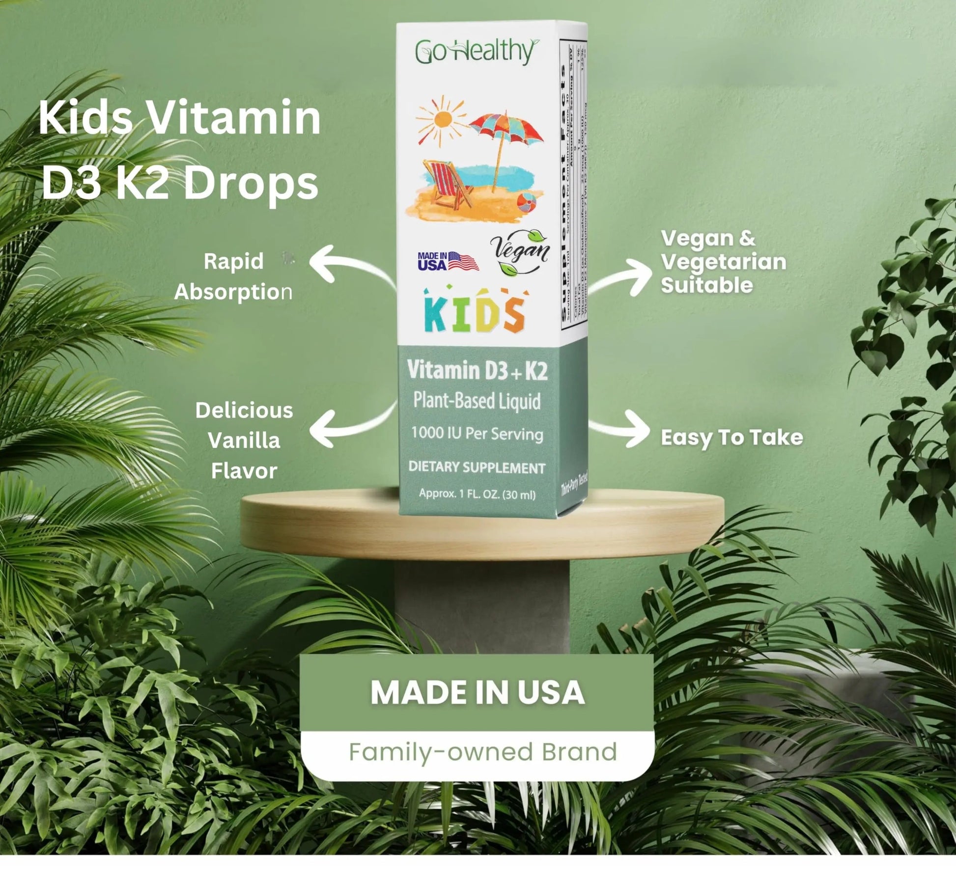 Go Healthy Kids Vitamins D3 K2 (MK-7), Child Vitamin D, Liquid Vegan D3 K2 Drops for Kids Go Healthy Natural