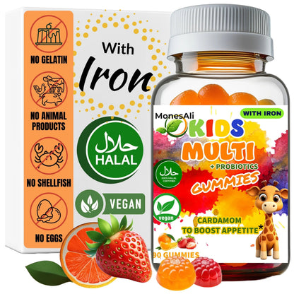 MonesAli Kids Multivitamin Gummies with Iron & Probiotics – Vegan, Gelatin-Free, Halal, Orange & Strawberry Flavors, 90 Count MonesAli