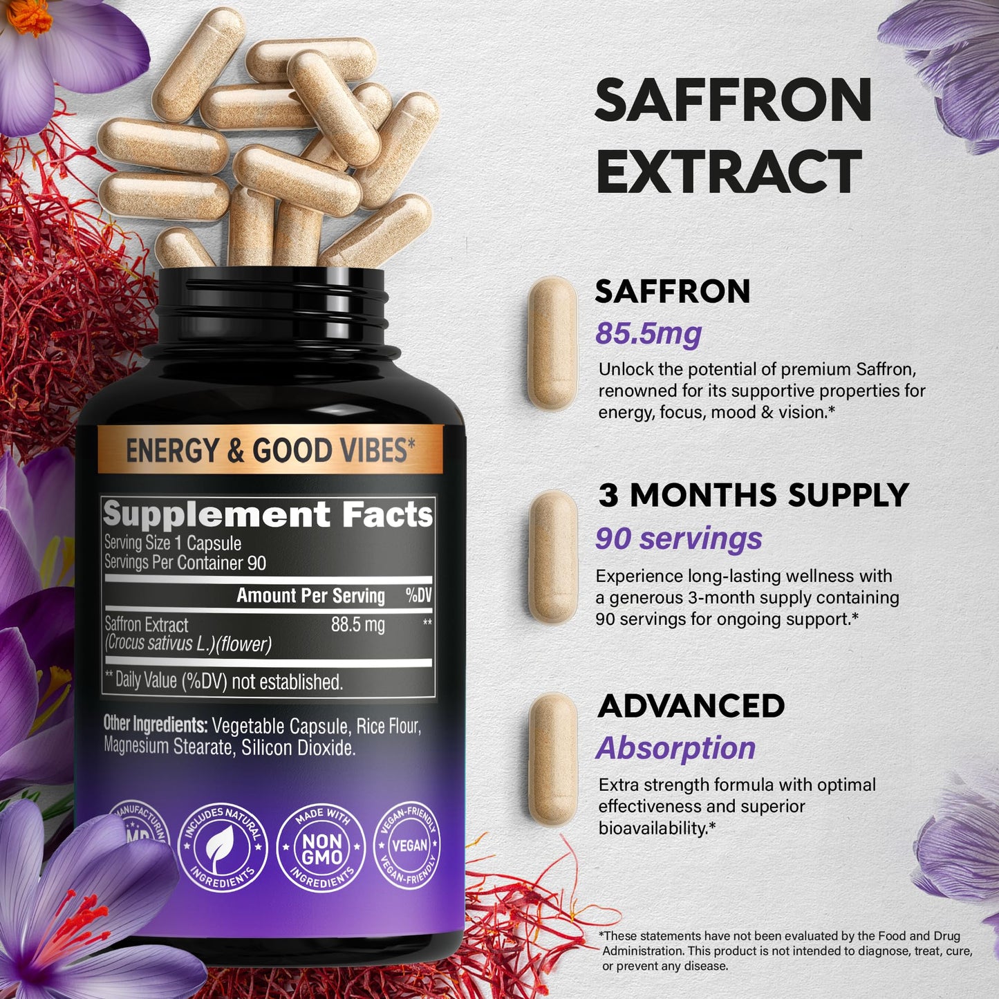 Natural Saffron Supplements - Pure Saffron Extract 88.5 mg - Made in USA - Mood | Focus | Vision | Energy Support - Eye Health for Women & Men - NonGMO Vegan Pills - 90 Powder Capsules, 3 Month Supply NUTRAHARMONYBuy Supplements Australia