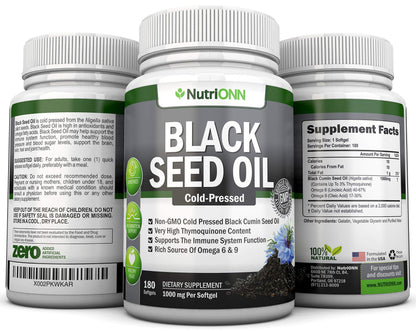 Black Seed Oil - 1000 Mg - 180 Softgels - Cold-Pressed Non-GMO Black Cumin Seed NutriONNBuy Supplements Australia