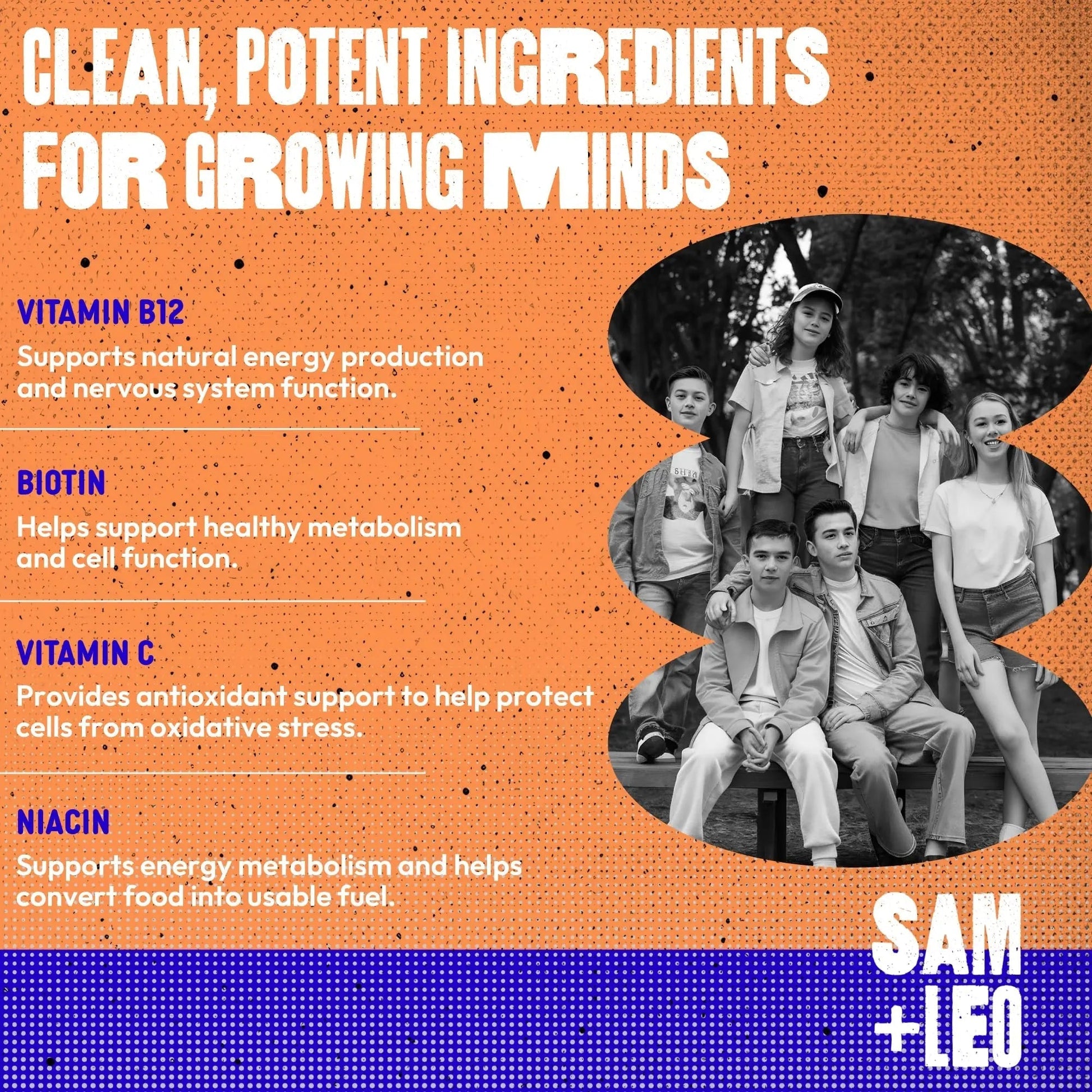 SAM+LEO Vitamin B Complex Gummies with Biotin for Kids & Teens - Caffeine-Free Focus & Energy Support Supplement Gummies | SAM+LEOBuy Supplements Australia