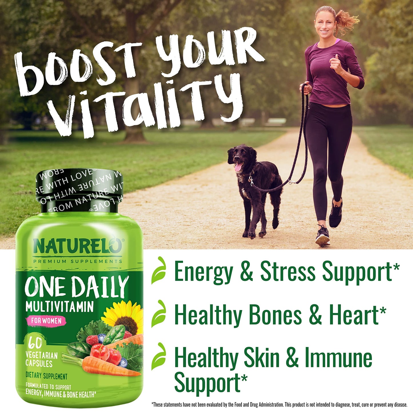 NATURELO One Daily Multivitamin for Women w/Vitamin B12, 60 Ct, Energy Support, Whole Food Daily Women Multivitamin Supplement, Nourish Hair/Skin/Nail, Non-GMO