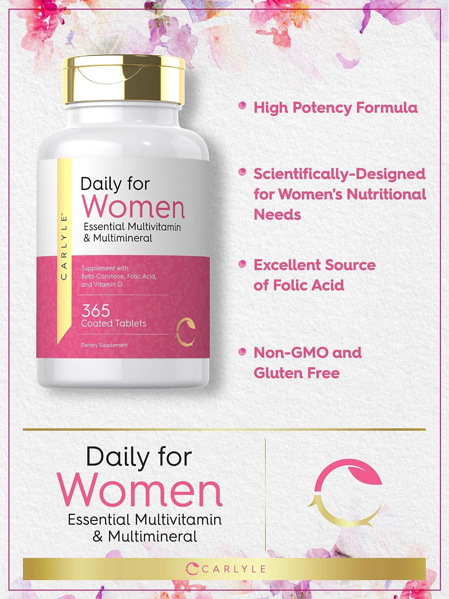 Carlyle Women's Daily Multivitamin and Multimineral Supplement | 365 Tablets | Beta-Carotene, Folic Acid and Vitamin D | Non-GMO, Gluten Free Pills CarlyleBuy Supplements Australia