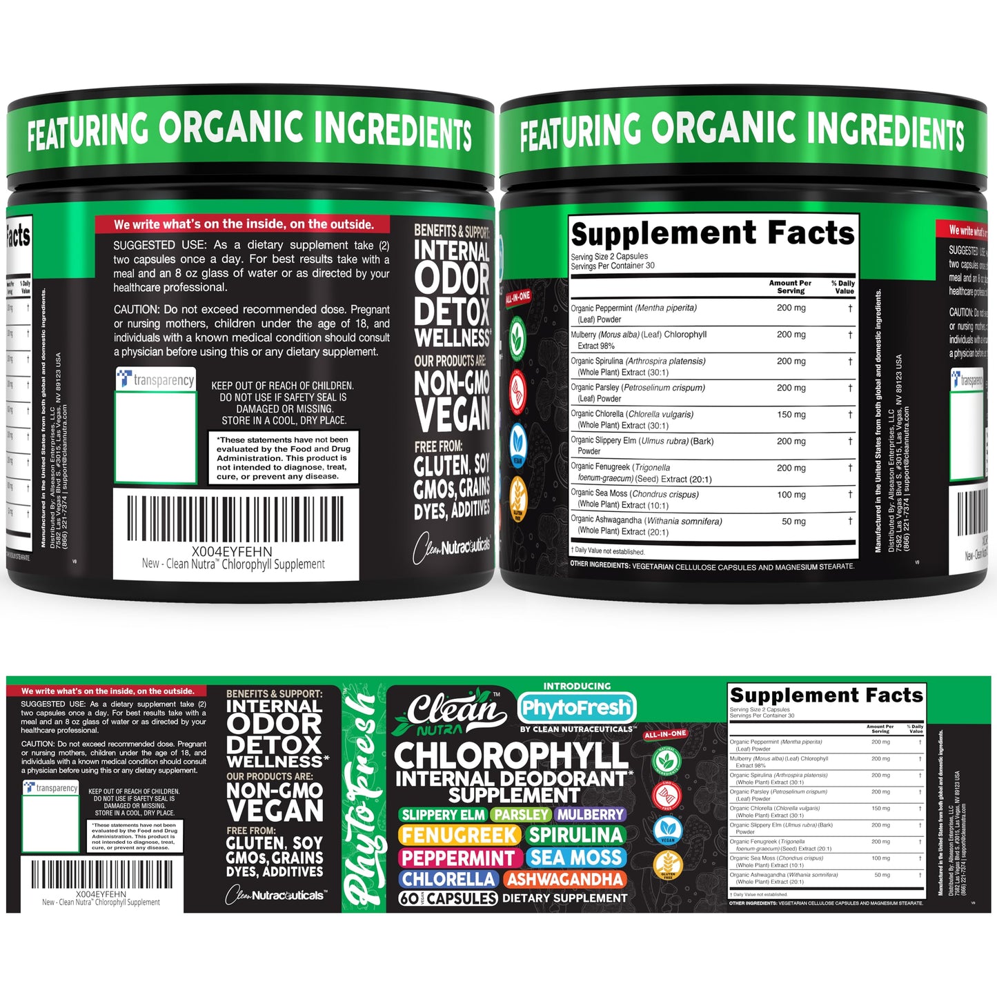 Clean Nutra Chlorophyll Capsules Supplement Internal Deodorant Peppermint, Sea Moss, Parsley, Chlorella, Spirulina, Slippery Elm, Ashwagandha, PhytoFresh Greens Detox Pills Clean NutraceuticalsBuy Supplements Australia