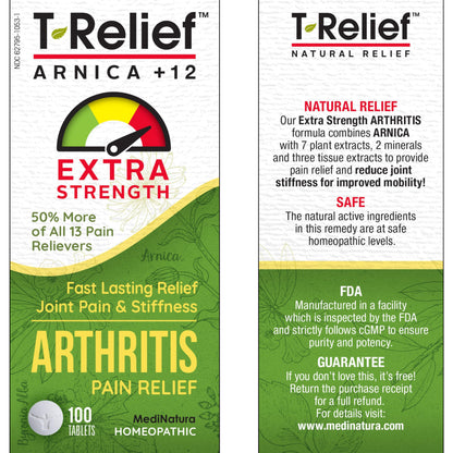 T-Relief Extra Strength Arthritis Pain Reliever Arnica +12 Natural Medicines for Joint Soreness Stiffness Aches, Quick Dissolving Pain Relief for Women & Men - 100 Tablets MediNaturaBuy Supplements Australia