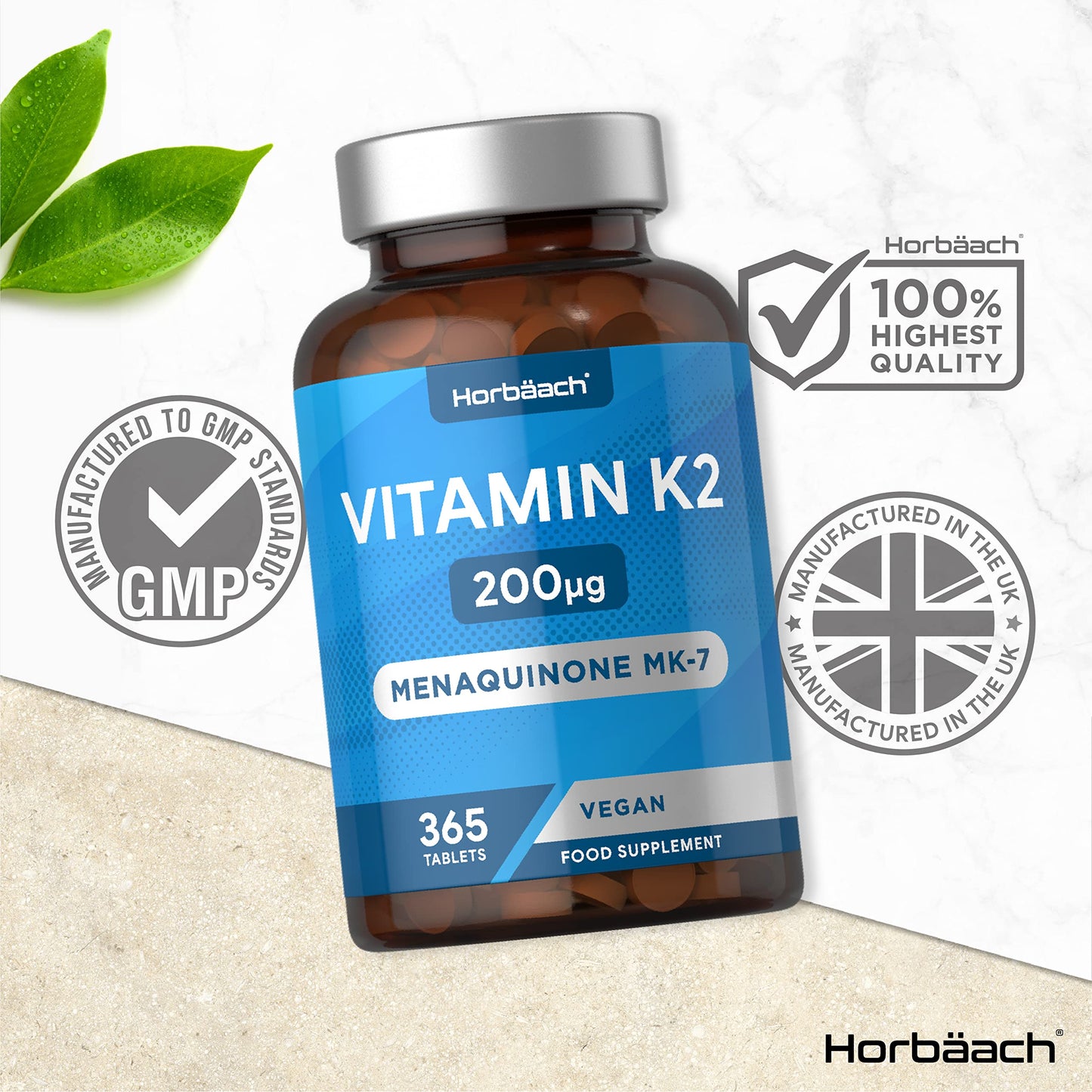 Vitamin K2 MK7 200ug | 365 Vegan Tablets | High Strength Menaquinone MK-7 HorbäachBuy Supplements Australia