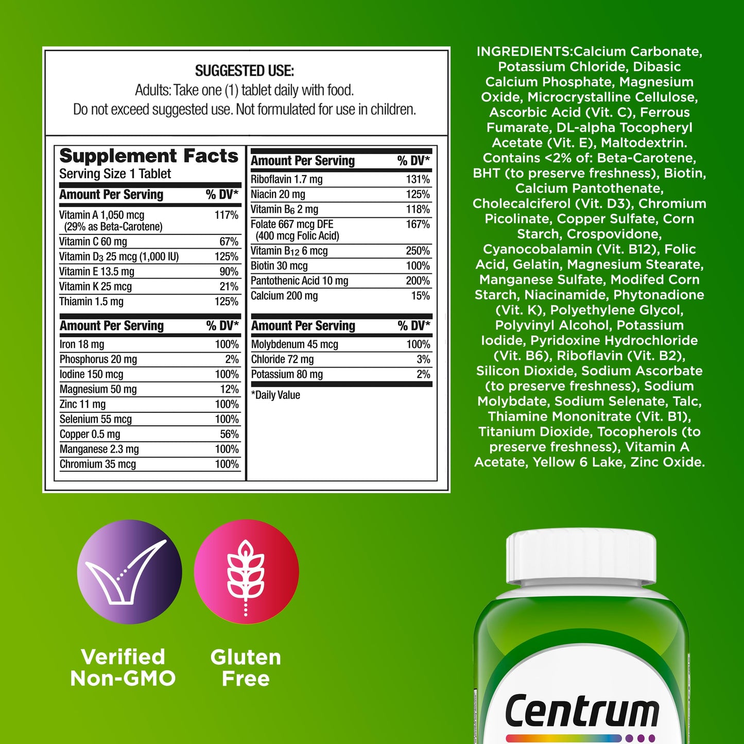 Centrum Adult Multivitamin/Multimineral Supplement with Antioxidants, Zinc, Vitamin D3 and B Vitamins, Gluten Free