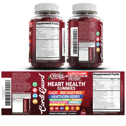 Clean Nutraceuticals Coq10 Gummies | Red Yeast Rice Hawthorn Berry Ginger Turmeric Citrus Bergamot Hibiscus Vitamin K2+D3 Magnesium Glycinate Cayenne Pepper Fenugreek Orange Flavor CardiGuard Clean NutraceuticalsBuy Supplements Australia