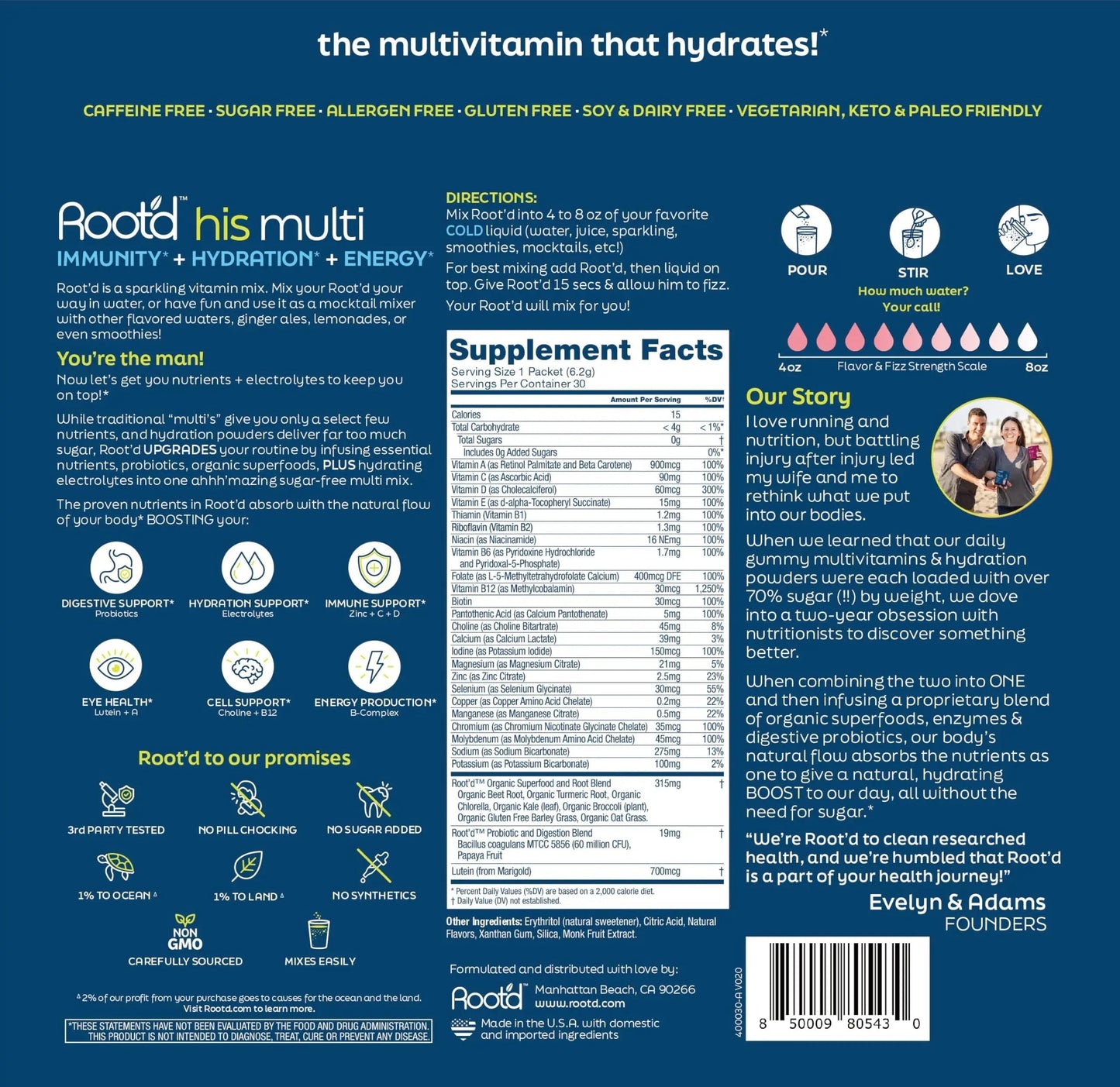 Root'd Multivitamin Powder for Men - 24 Vitamins & Minerals with 3X Electrolytes, 9 Organic Superfoods, Probiotics & Enzymes Root'd