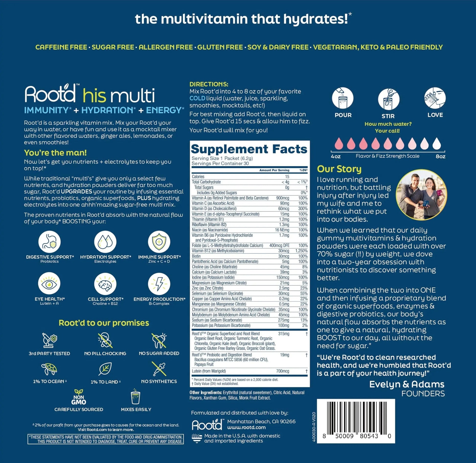 Root'd Multivitamin Powder for Men - 24 Vitamins & Minerals with 3X Electrolytes, 9 Organic Superfoods, Probiotics & Enzymes Root'd
