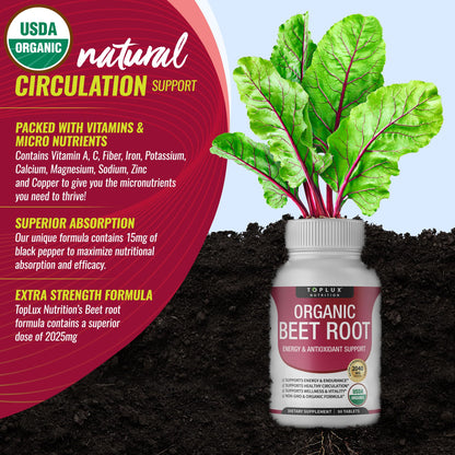 Organic Beet Root Powder Tablets - 2040mg Natural Nitric Oxide Beets to Support, Energy TopluxBuy Supplements Australia