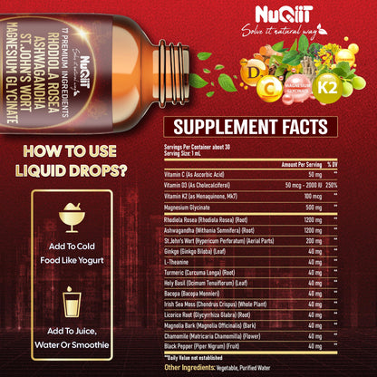 NUQIIT 17in1 Rhodiola Rosea Liquid Drops Tincture w/Ashwagandha Magnesium, L-Theanine. Ultra Rhodiola Cortisol Supplement, Rhodiola Root for Mood, Energy - 1 FL Oz - 60 Day Supply NUQIITBuy Supplements Australia