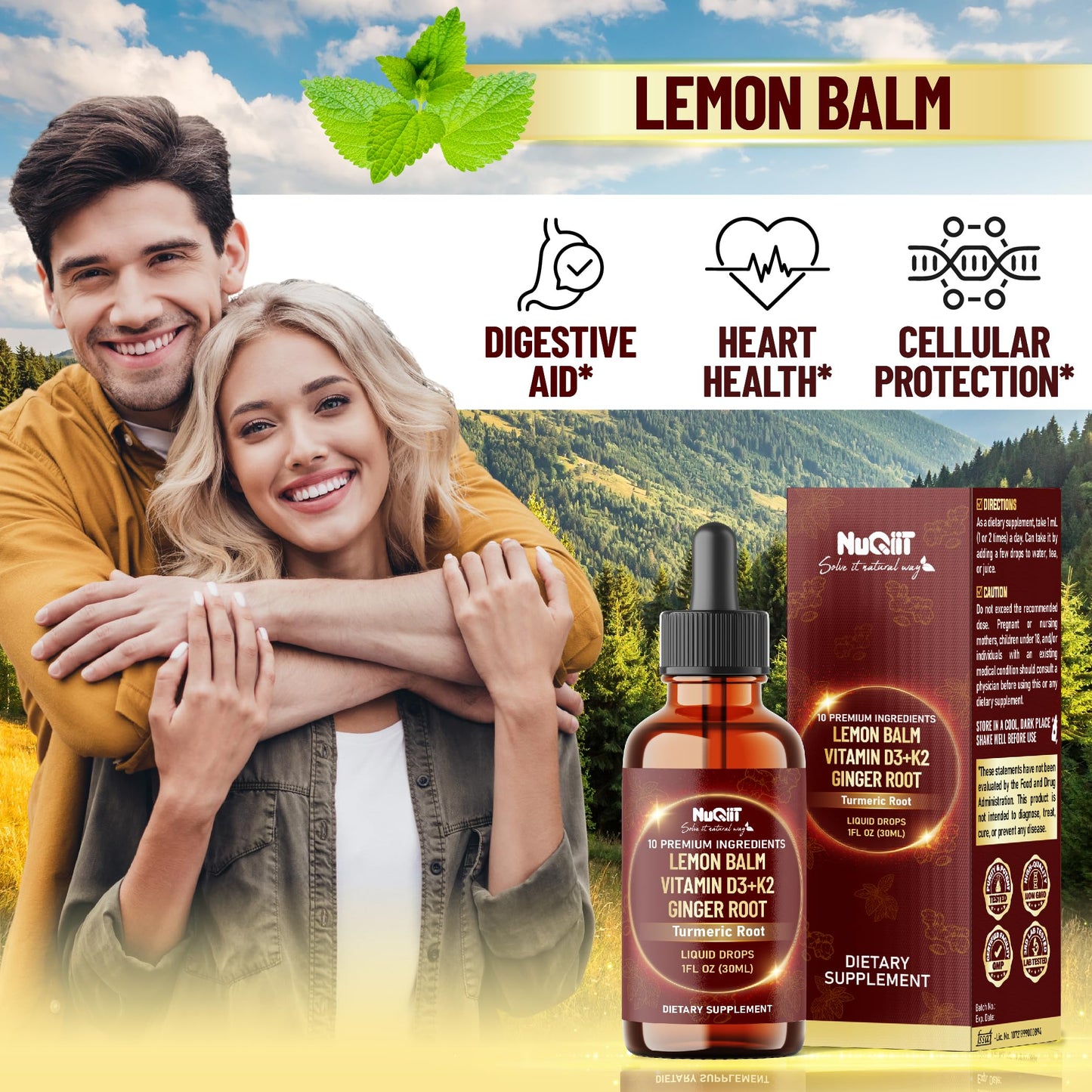 NUQIIT 10in1 Lemon Balm Tincture Blend Includes Vitamin D3, Vitamin K2, Lemon Balm, Ginger, Turmeric, Ceylon Cinnamon and More - 1 FL Oz - 60 Day Supply NUQIITBuy Supplements Australia