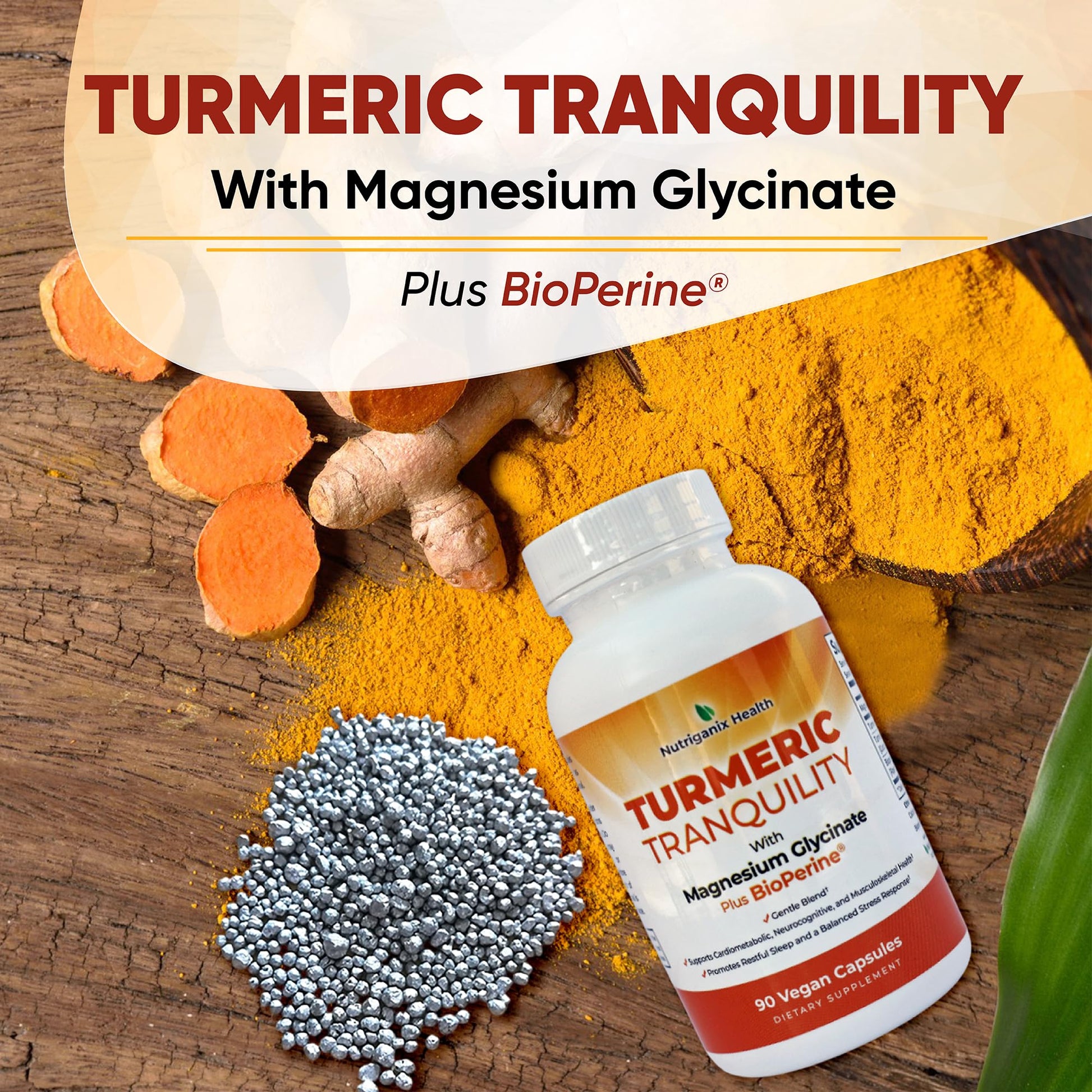 Turmeric Tranquility Turmeric Curcumin & Magnesium Glycinate with BioPerine – Support for Stress Relief, Sleep, Heart Health, Muscles, Metabolism, and Joint Health* - High Absorption - 90 Capsules (1) NutriganixBuy Supplements Australia