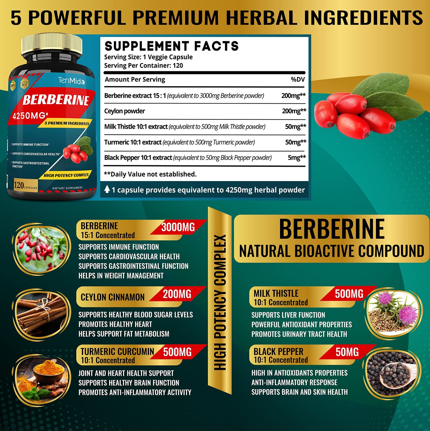 Berberine Extract Capsules 4250mg, 4 Months Supply & Ceylon, Milk Thistle, Turmeric TenmidoBuy Supplements Australia