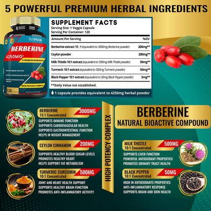 Berberine Extract Capsules 4250mg, 4 Months Supply & Ceylon, Milk Thistle, Turmeric TenmidoBuy Supplements Australia