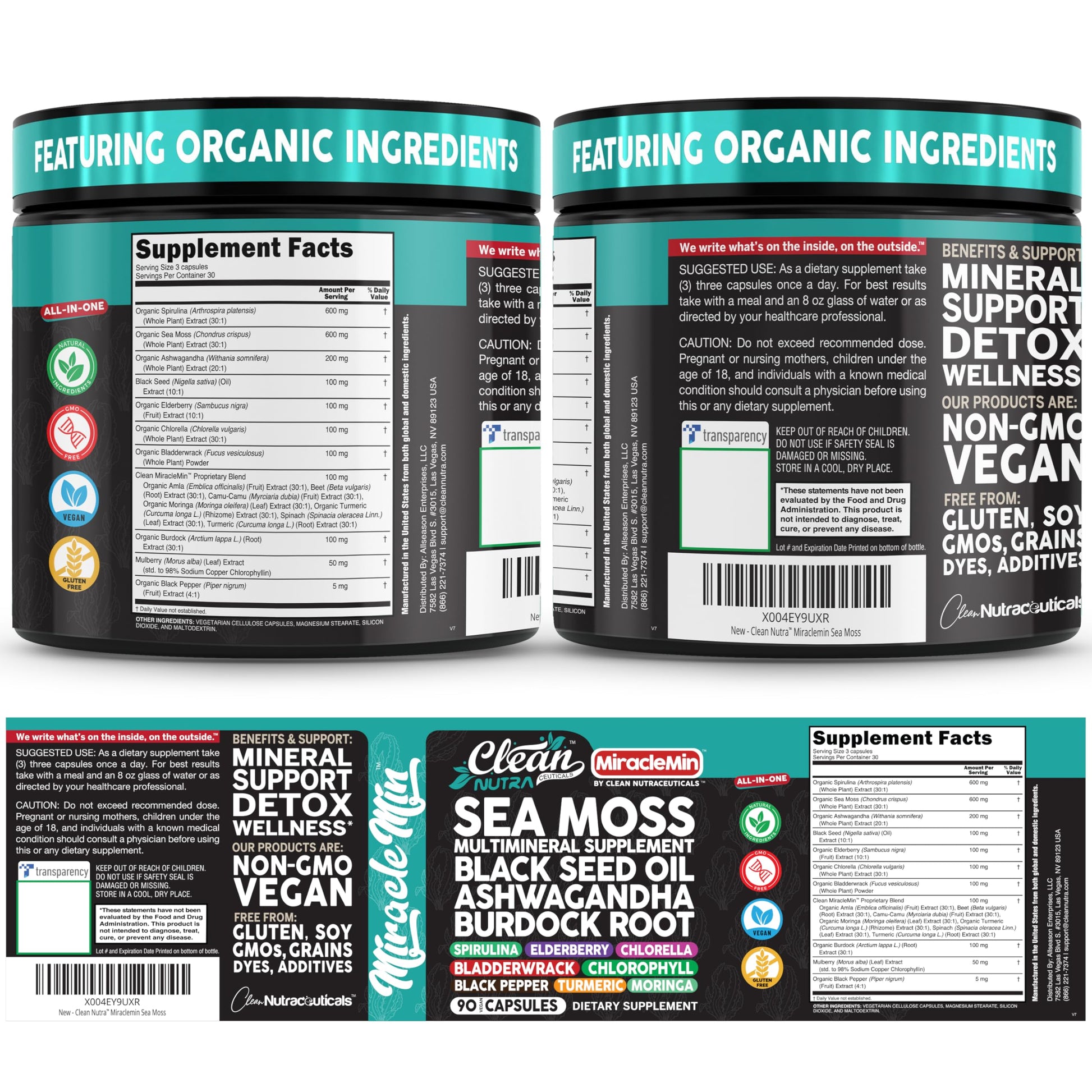 Clean Nutra Organic Sea Moss Capsules with Ashwagandha, Black Seed Oil, Burdock Root, Bladderwrack, Moringa, Chlorella, Spirulina, Turmeric, Elderberry, Amla – 90 Vegan Capsules – MiracleMin Clean NutraceuticalsBuy Supplements Australia