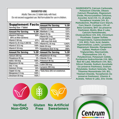 Centrum Silver Multivitamin for Adults 50 Plus, Multivitamin/Multimineral Supplement, Vitamin D3, B Vitamins, Gluten Free, Non-GMO Ingredients