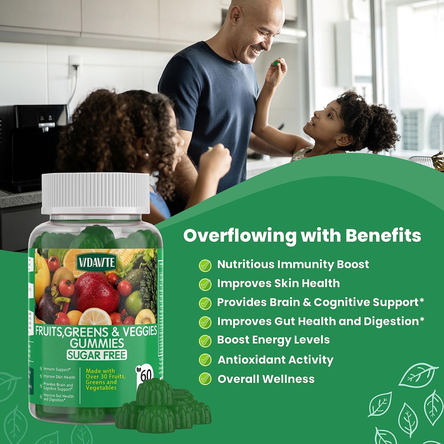 VIDAVITE Sugar-free Super Greens Gummies — US-Made, 35+ Fruit and Veggie gummies to Boost Immunity, Skin & Gut Health — Ideal Fruits and Vegetables Supplement