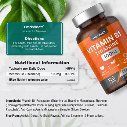 Vitamin B1 Thiamine High Strength 100mg | 120 Vegan Tablets | No Artificial HorbäachBuy Supplements Australia