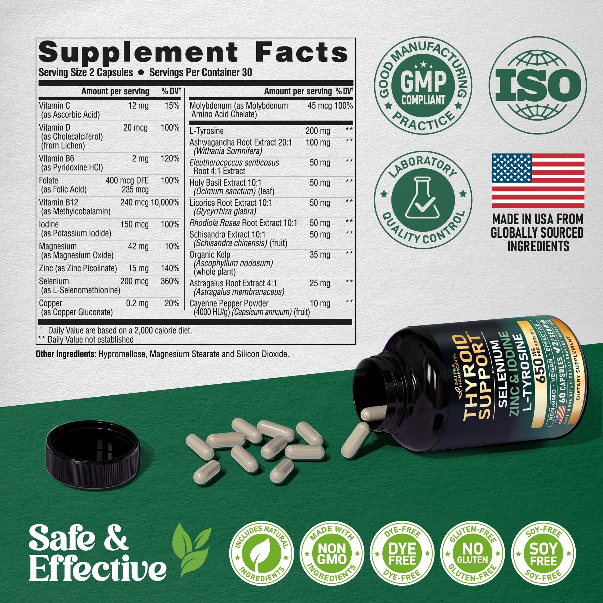 Thyroid Support for Women - Selenium 200 mcg | Astragalus | Zinc & Iodine | L-Tyrosine | Adaptogen Herbs - 21-in-1 Antioxidant & Immune Support - Made in USA - Vegan, Non-GMO, Lab Tested - 60 Capsules NUTRAHARMONYBuy Supplements Australia
