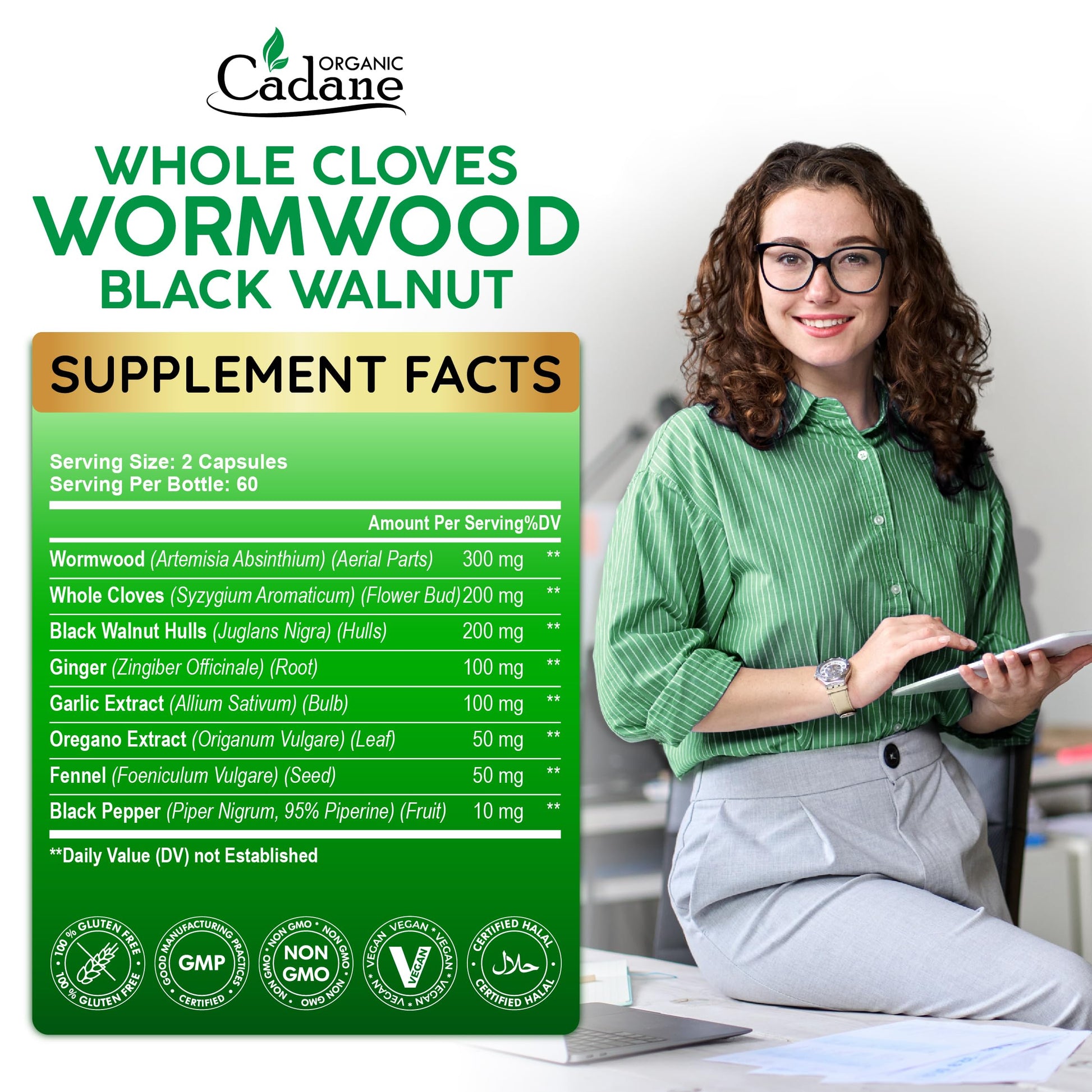 Cadane Wormwood Whole Cloves Black Walnut with Ginger, Garlic, Oregano, Fennel & Black Pepper | Digestive & Wellness Support | 120 Capsules – 60-Day Organic CadaneBuy Supplements Australia