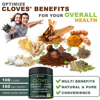 Herbpy 7in1 Clove Supplement Rich in Vitamins & Minerals Supports Digestion, Immune & Heart Health with Cinnamon, Turmeric, Ginger, Cardamom, Garlic & Black Pepper - 100 Vegan Capsules HerbpyBuy Supplements Australia
