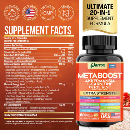 GLP-1 Booster Supplement, Akkermansia, L-Carnitine, Berberine (GlucoVantage), Methylfolate, Methylated B12, Chromium, Capsimax, Psyllium Husk, Probiotics Vitamins D3, B6, 20-in-1 Plant-Based (60 Caps) ParroxBuy Supplements Australia