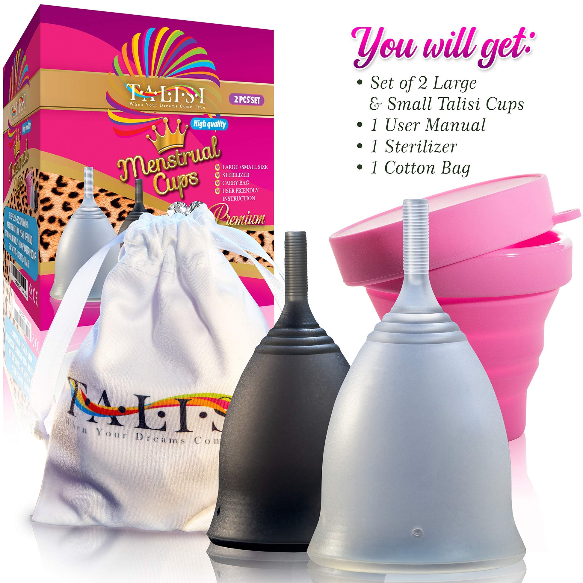 Talisi Soft Menstrual Cups Set of 2 - Reusable Period Cup for Women with Collapsible Case Holder Sterilizer TALISI WHEN YOUR DREAMS COME TRUEBuy Supplements Australia