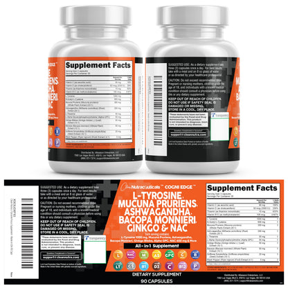 Clean Nutraceuticals L Tyrosine Mucuna Pruriens Bacopa Monnieri Ashwagandha Focus Supplement w/N-Acetyl Cysteine NAC 5-HTP Ginkgo Biloba Alpha GPC Vitamin C D B1 B12 Clean NutraceuticalsBuy Supplements Australia