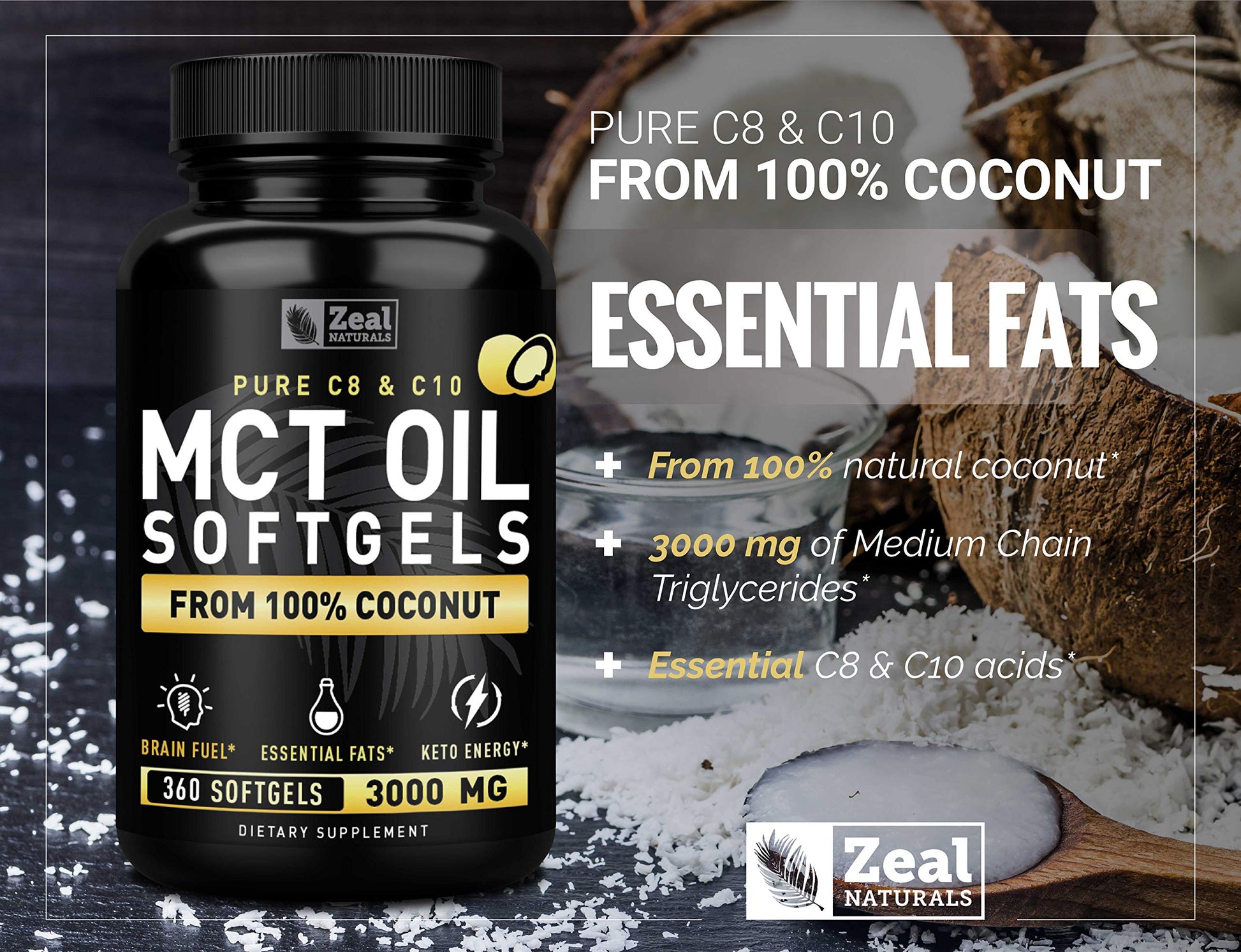 Pure MCT Oil Capsules (360 Softgels | 3000mg) 4 Month Supply Keto Pills w Unrefined Coconut Zeal NaturalsBuy Supplements Australia