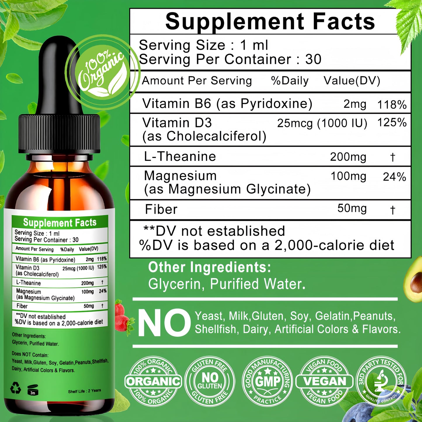 L Theanine Drops, Liquid L-Theanine Supplement 200mg w/Magnesium Glycinate,Vitamins,Fiber for Relaxation,Sleep,Digestion, Calm,High Absorption Mood Support for Adults & Kids,Plant Based,Non-GMO Vita letuoBuy Supplements Australia