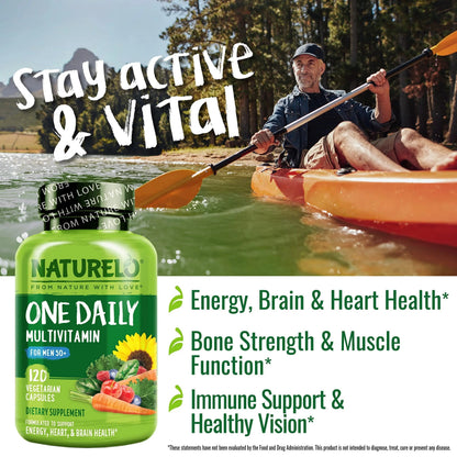 NATURELO One Daily Multivitamin for Men 50+, 120 Capsules One Daily Multivitamin for Women 50+ (Iron Free), 120 Capsules - 4 Month Supply Bundle NATURELO