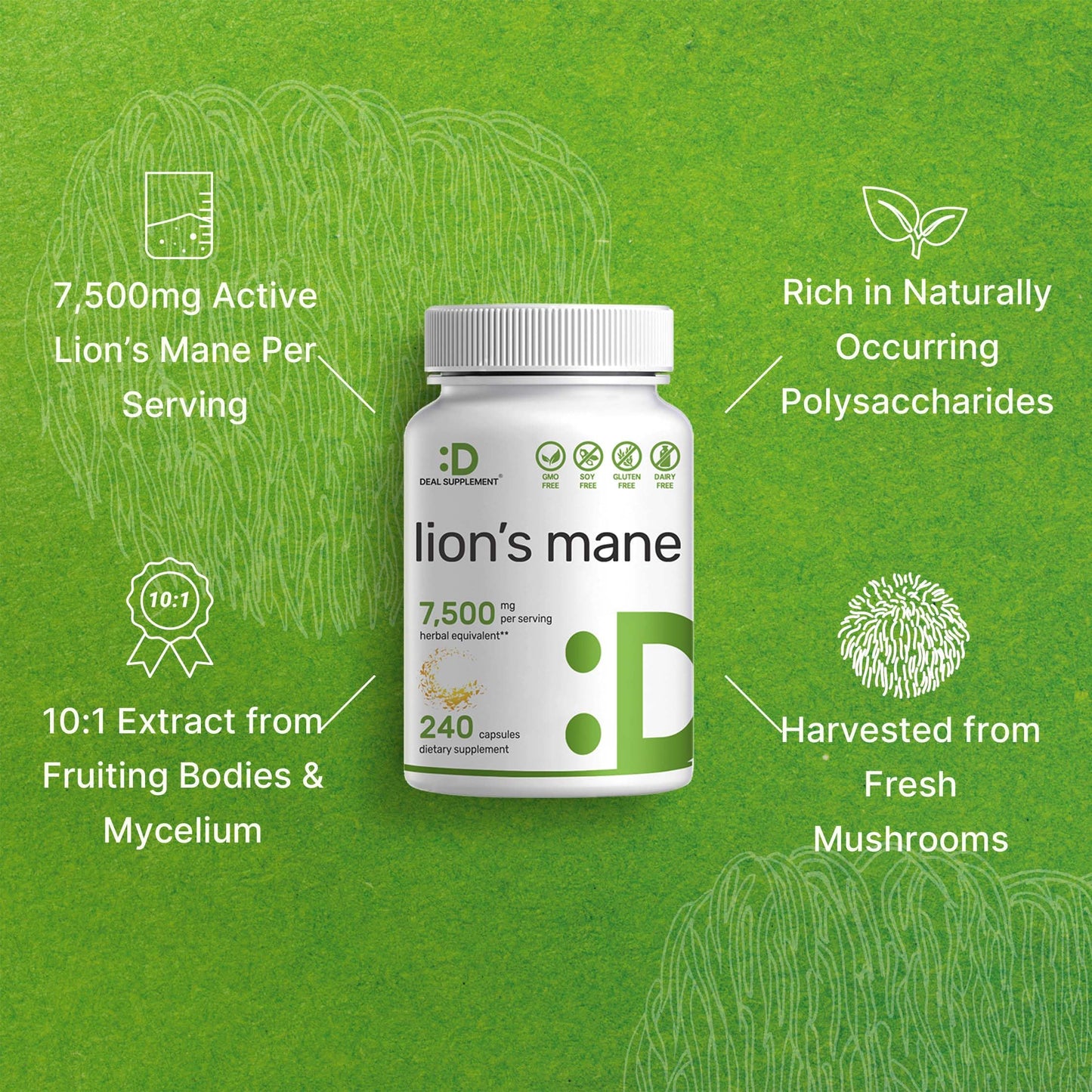 Lions Mane Mushroom Supplement, 7,500mg Per Serving, 240 Capsules – Active Fruiting DEAL SUPPLEMENTBuy Supplements Australia