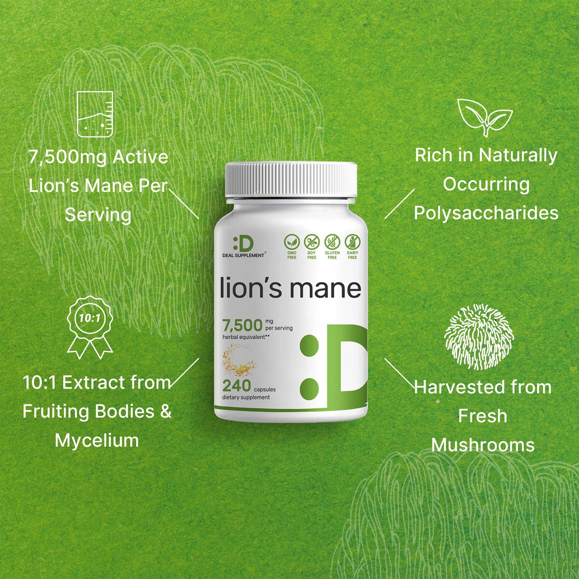 Lions Mane Mushroom Supplement, 7,500mg Per Serving, 240 Capsules – Active Fruiting DEAL SUPPLEMENTBuy Supplements Australia