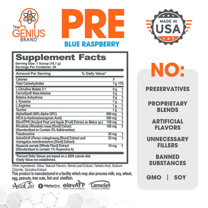 Genius Pre Workout Powder, Blue Razz, and Genius Micronized Creatine Monohydrate Powder, Unflavored, All Natural Nootropic Pre Workout and Post Workout Supplement Stack